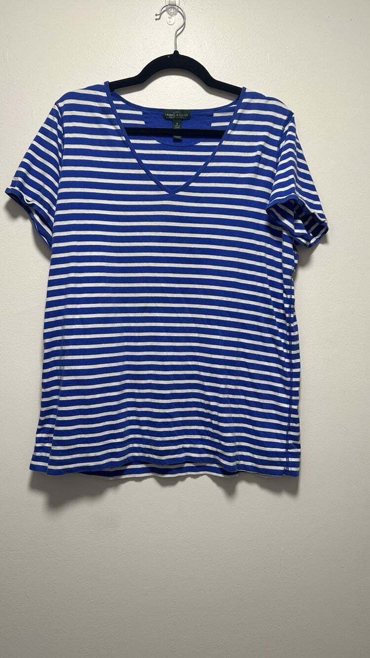 Ralph Lauren  Women's Blue Striped V-Neck T-Shirt  Size 1X Preppy Fitted